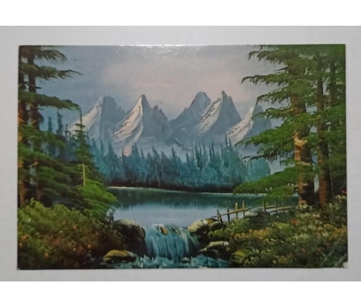 Dağ ve Göl Manzaralı Suluboya Kartpostal