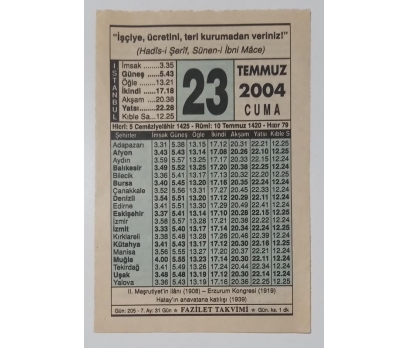 Fazilet Takvimi Yaprağı 23 Temmuz 2004